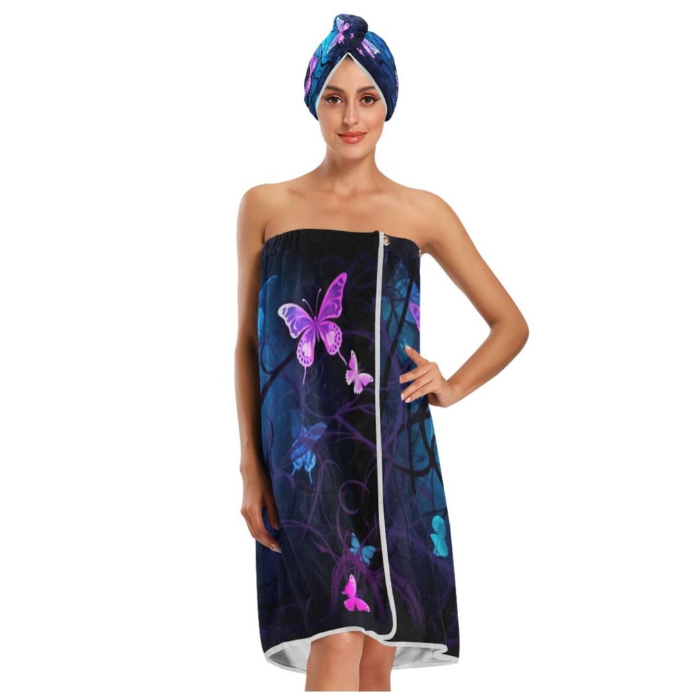 Bulletgxll Purple Butterflies Women's Shower Wrap Towel Set of 3 Adjustable Spa Body Wrap Super Absorbent Bathrobe with Hair Towel & Headband