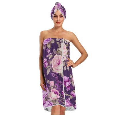 Bulletgxll Purple Roses Women's Shower Wrap Towel Set of 3 Adjustable Spa Body Wrap Super Absorbent Bathrobe with Hair Towel & Headband