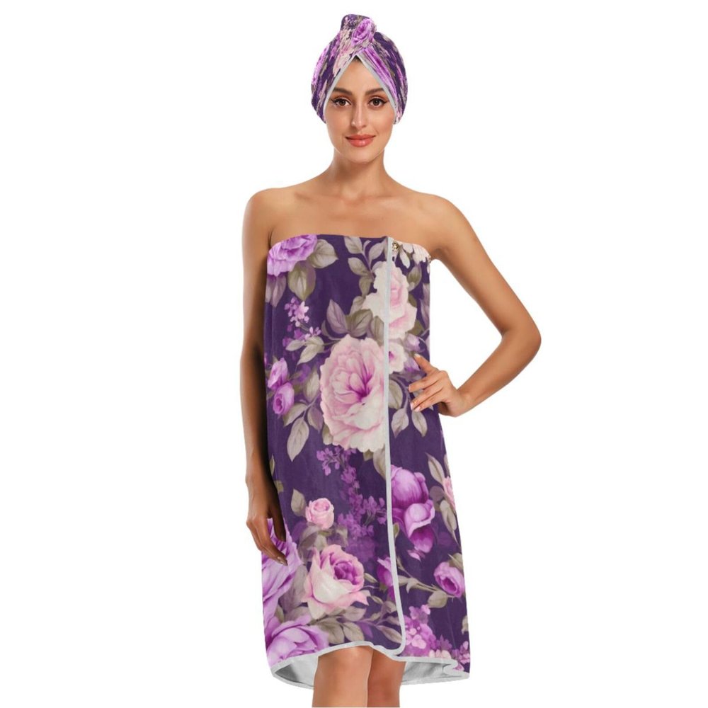 Bulletgxll Purple Roses Women's Shower Wrap Towel Set of 3 Adjustable Spa Body Wrap Super Absorbent Bathrobe with Hair Towel & Headband