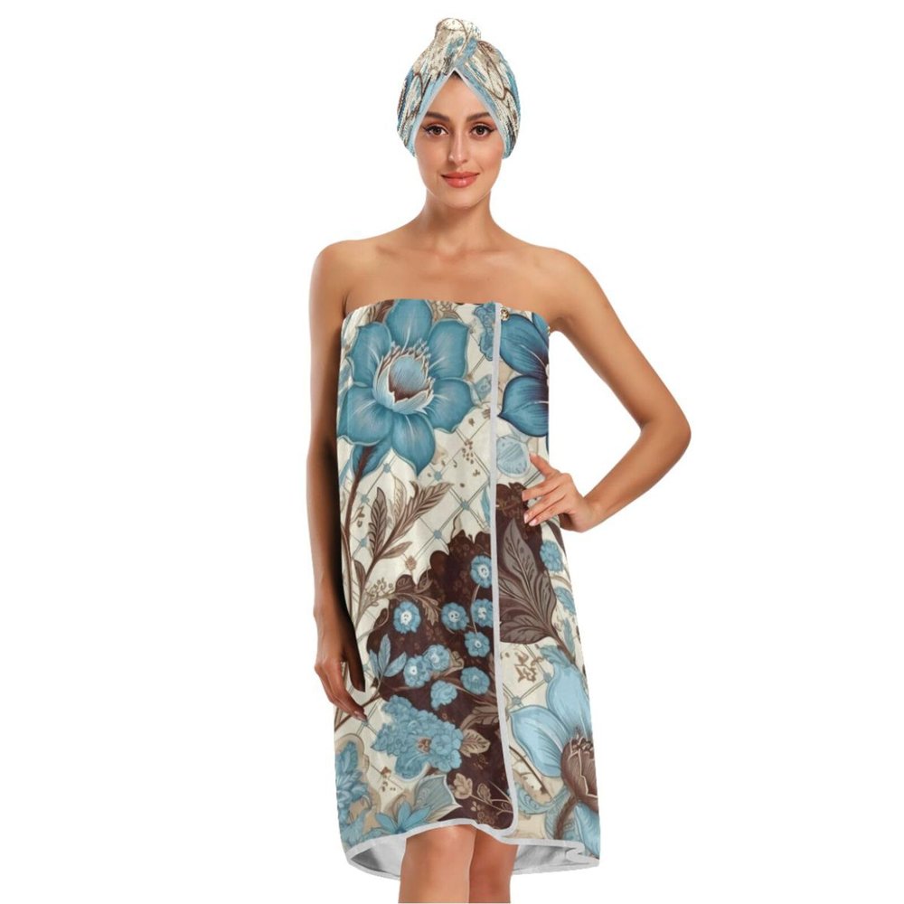 Bulletgxll Flowers Pattern Women's Shower Wrap Towel Set of 3 Adjustable Spa Body Wrap Super Absorbent Bathrobe with Hair Towel & Headband