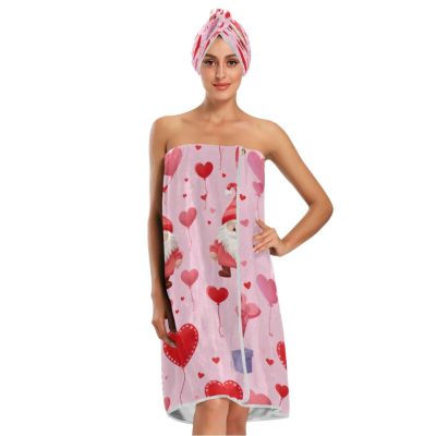 Bulletgxll Valentines Day Gnomes Women's Shower Wrap Towel Set of 3 Adjustable Spa Body Wrap Super Absorbent Bathrobe with Hair Towel & Headband