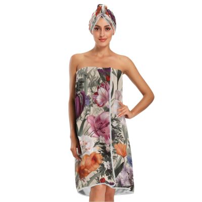 Bulletgxll Beautiful Floral Women's Shower Wrap Towel Set of 3 Adjustable Spa Body Wrap Super Absorbent Bathrobe with Hair Towel & Headband
