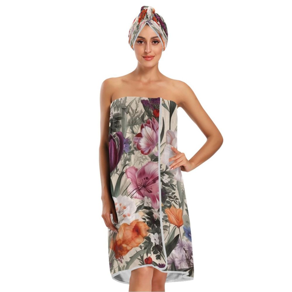 Bulletgxll Beautiful Floral Women's Shower Wrap Towel Set of 3 Adjustable Spa Body Wrap Super Absorbent Bathrobe with Hair Towel & Headband