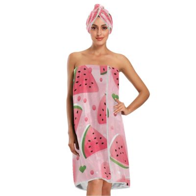 Bulletgxll Pink Watermelon Women's Shower Wrap Towel Set of 3 Adjustable Spa Body Wrap Super Absorbent Bathrobe with Hair Towel & Headband
