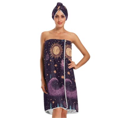 Bulletgxll Stars and Sun Women's Shower Wrap Towel Set of 3 Adjustable Spa Body Wrap Super Absorbent Bathrobe with Hair Towel & Headband