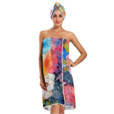 Bulletgxll Watercolor Flower Women's Shower Wrap Towel Set of 3 Adjustable Spa Body Wrap Super Absorbent Bathrobe with Hair Towel & Headband