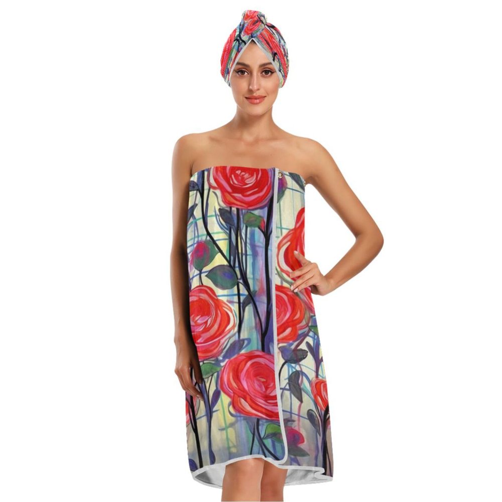 Bulletgxll Red Flowers Women's Shower Wrap Towel Set of 3 Adjustable Spa Body Wrap Super Absorbent Bathrobe with Hair Towel & Headband