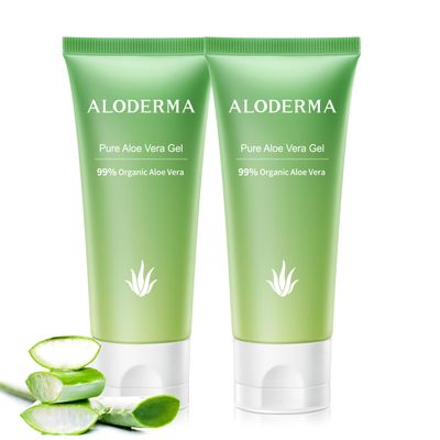 Aloderma 99% Organic Aloe Vera Gel Made within 12 Hours of Harvest, Easy Travel Size Tube for Body, Face, & Scalp, Cooling & Soothing Support for Skin & Sunburn, Hydrating Aloe Gel, 1.5oz - 2ct