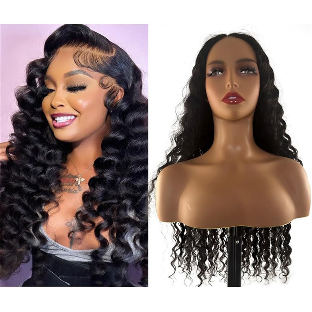 5x5 Deep Wave human Hair Wig Black Machine Made for Woman Natural for Hair Loss One Piece Wave (5x5 natural Deep Wave,14inch)