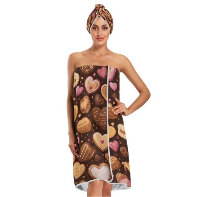 Bulletgxll Hearts and Biscuits Women's Shower Wrap Towel Set of 3 Adjustable Spa Body Wrap Super Absorbent Bathrobe with Hair Towel & Headband