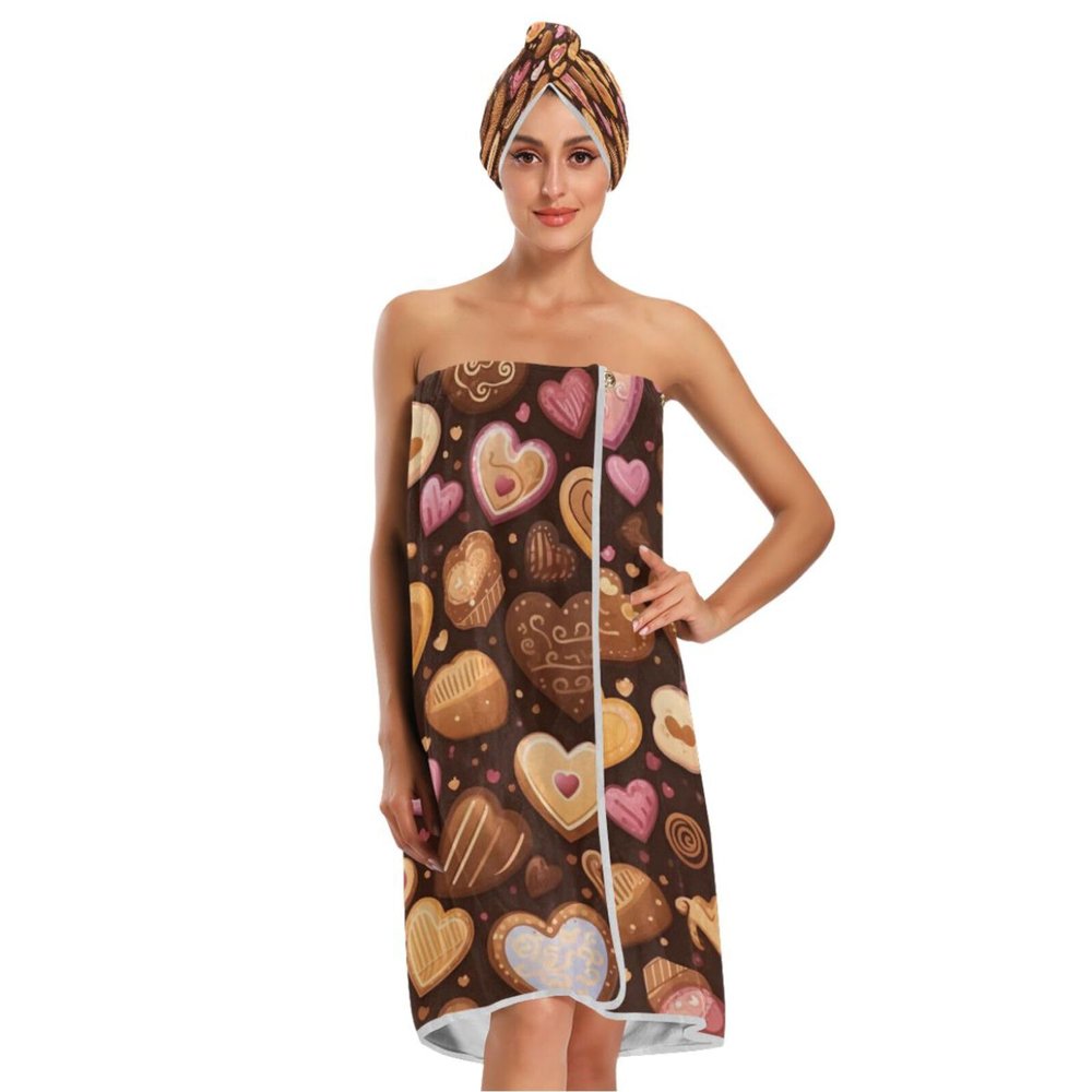 Bulletgxll Hearts and Biscuits Women's Shower Wrap Towel Set of 3 Adjustable Spa Body Wrap Super Absorbent Bathrobe with Hair Towel & Headband