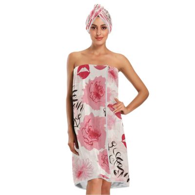 Bulletgxll Pink Roses Women's Shower Wrap Towel Set of 3 Adjustable Spa Body Wrap Super Absorbent Bathrobe with Hair Towel & Headband