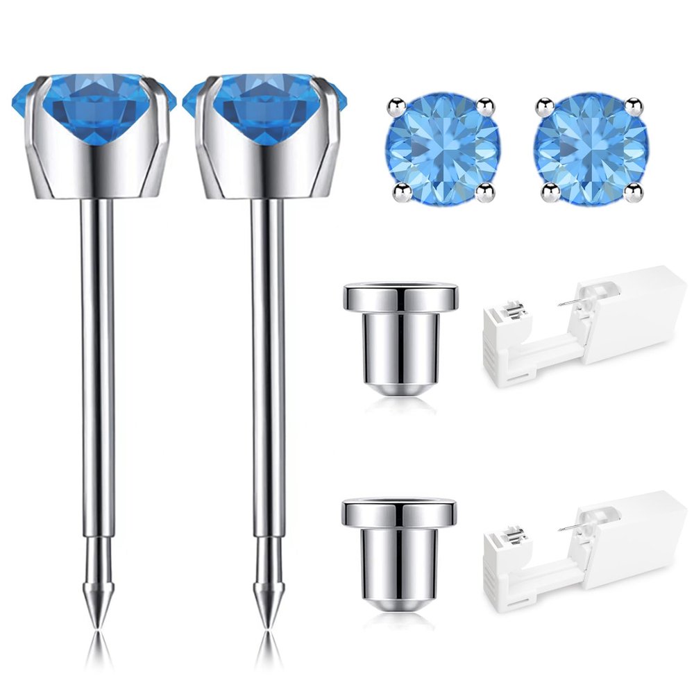 SugarTang Ear Piercing Kit, Disposable Ear Piercing Gun Kit, 316L Surgical Stainless Steel 4mm Prong Set Cubic Zirconia Stud, At Home Self Ear Piercer Kit with Birthstone Earrings Stud (Blue)