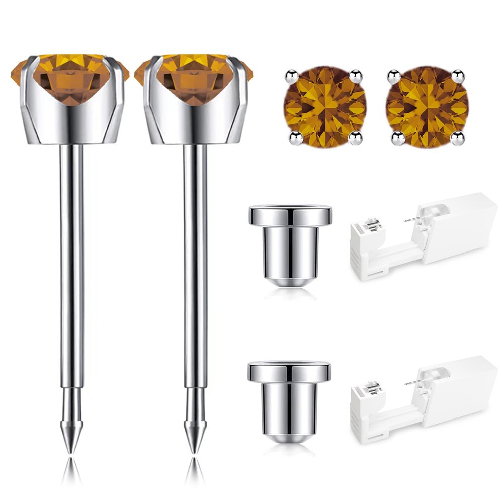 SugarTang Ear Piercing Kit, Disposable Ear Piercing Gun Kit, 316L Surgical Stainless Steel 4mm Prong Set Cubic Zirconia Stud, At Home Self Ear Piercer Kit with Birthstone Earrings Stud (Yellow)