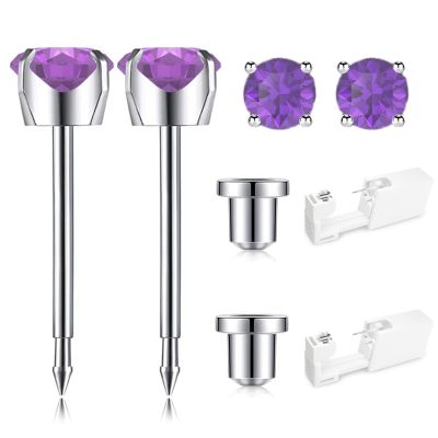 SugarTang Ear Piercing Kit, Disposable Ear Piercing Gun Kit, 316L Surgical Stainless Steel 4mm Prong Set Cubic Zirconia Stud, At Home Self Ear Piercer Kit with Birthstone Earrings Stud (Amethyst)