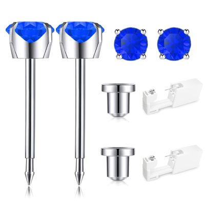 SugarTang Ear Piercing Kit, Disposable Ear Piercing Gun Kit, 316L Surgical Stainless Steel 4mm Prong Set Cubic Zirconia Stud, At Home Self Ear Piercer Kit with Birthstone Earrings Stud (Sapphire)