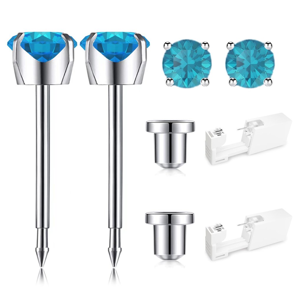 Ear Piercing Kit, Disposable Ear Piercing Gun Kit, 316L Surgical Stainless Steel 4mm Prong Set Cubic Zirconia Stud, At Home Self Ear Piercer Kit with Birthstone Earrings Stud (Peacock Blue)