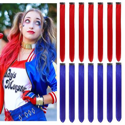 14 PCS Red+Blue Hair Extensions Party Highlights, SOYZMYX Colored Hairpieces Clip in Synthetic Hair Extensions, 22 inch Colorful Straight Hair Accessories for Girls Women Kids in Halloween