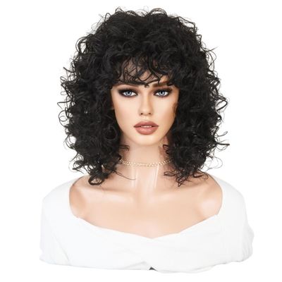 12.99" Short Curly With Bangs Rose Net 33cm /12.99 inch Natural Black Synthetic for Woman High Temperature Fiber Fashion Toppers (Natural black)