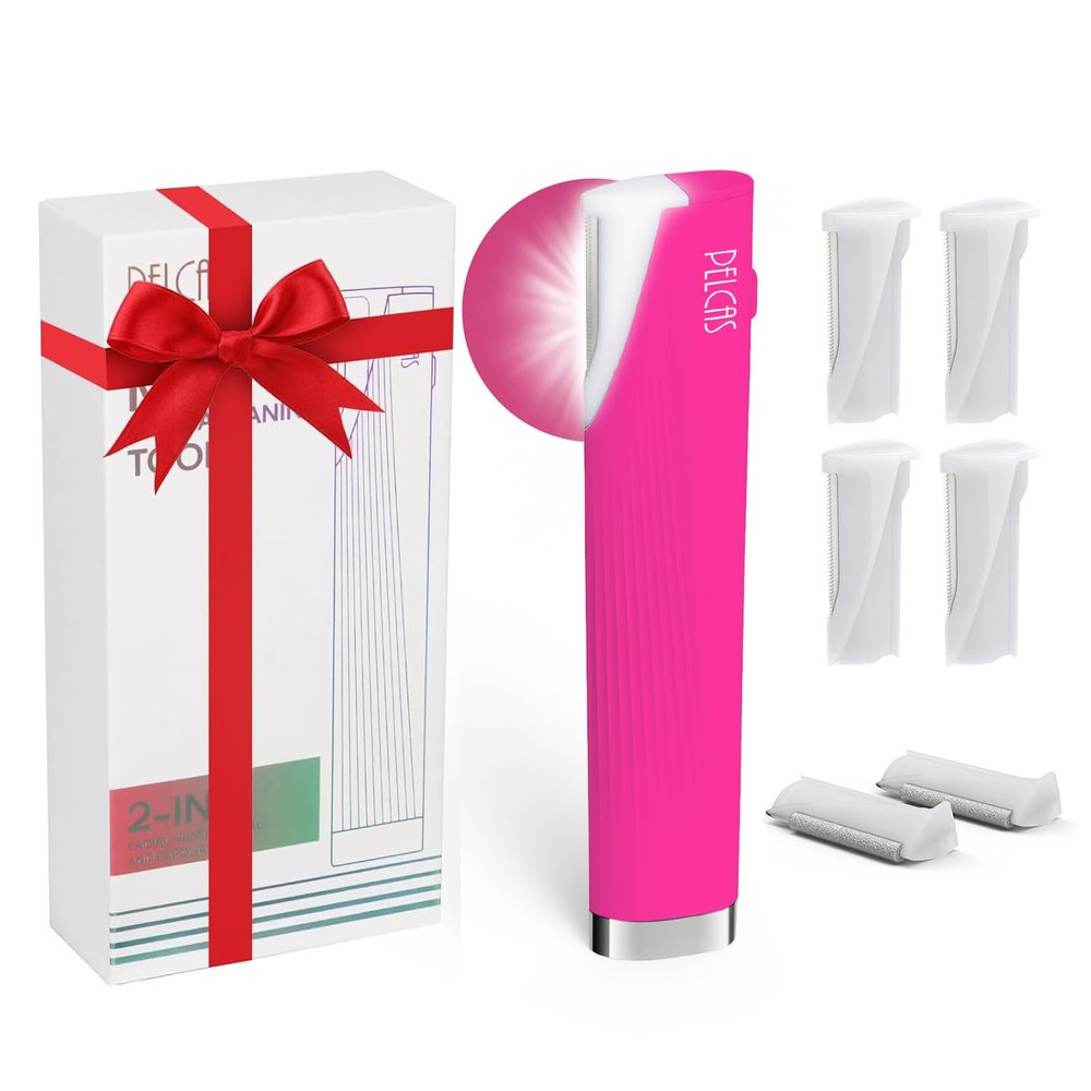 PELCAS Electric Dermaplaning Tool Kit with LED Light, Mini Face Dermaplaning Razor with 6 Replace Blades, Painless 3 Speeds Facial Peach Fuzz, Exfoliation & Hair Removal System for Women BV18-712