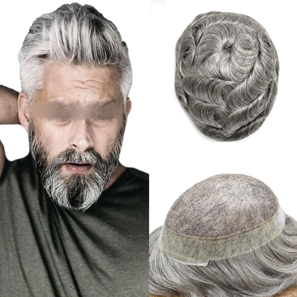 Healthlif Toupee For Men Soft Swiss Lace Hair Replacement System For Men Hairpieces Mens Toupee Human Hair Prosthesis Patch Units For Men7x9medium light density#1B80 1B# OFF BLACK+80% GREY