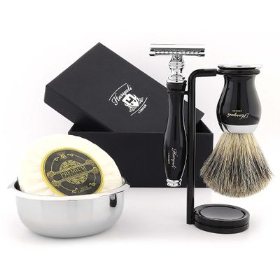 Complete 5Pcs Men's Shaving Kit ft Pure Black Badger Brush, DE Safety (Blades NOT Included), Dual Stand, Bowl & Soap