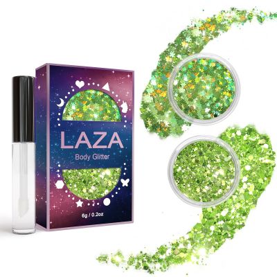 Laza 2 Jars St. Patricks Day Body Glitter Iridescent Chunky Sequins with Glitter Glue Women Eyeshadow Makeup Face Paint Festival Rave Outfits Hair Accessories Carnival Brat Party Costumes-Lime Summer