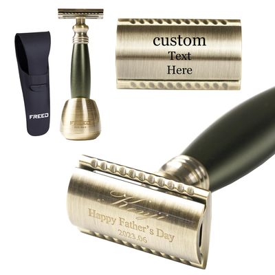 FREED Bronze Series Customized gifts Engraving Shaving Kit - Safety Razor with metal handle include razor travel case,razor base,and 10 blades,It's the best gift for men (Green)