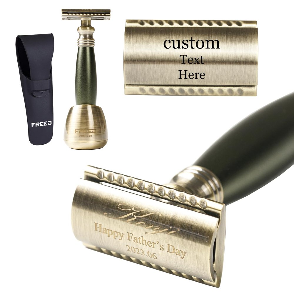 FREED Bronze Series Customized gifts Engraving Shaving Kit - Safety Razor with metal handle include razor travel case,razor base,and 10 blades,It's the best gift for men (Green)