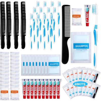Newtay 48 Sets Personal Hygiene Kit Basic Toiletry Kits Homeless Supplies Bulk for Women, Men, Travel, Charity, Business Include 48 Shampoo, 48 Toothbrush, 48 Toothpaste, 48 Comb, and 48 Bath Soap
