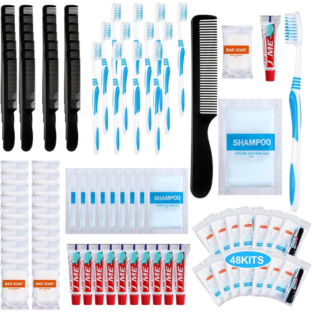Newtay 48 Sets Personal Hygiene Kit Basic Toiletry Kits Homeless Supplies Bulk for Women, Men, Travel, Charity, Business Include 48 Shampoo, 48 Toothbrush, 48 Toothpaste, 48 Comb, and 48 Bath Soap