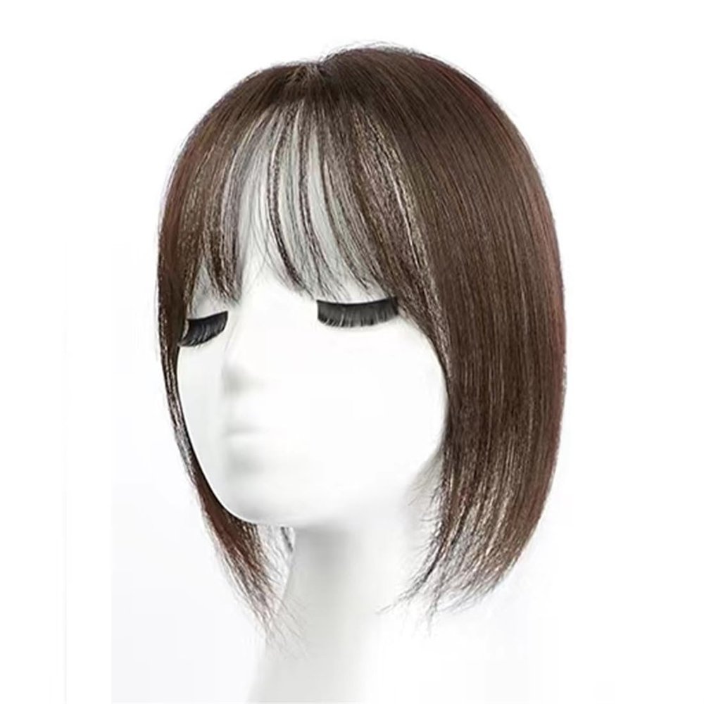 12x13cm Air Bang Hand Tied Straight Human Hair French Bang Natural Light 25cm/10inch One Piece Three Clips for Thinning Hair for Topper Hair For Hair Loss for Woman (Brown,Eight bang)