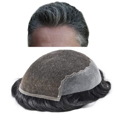 Toupee for Men Hair Replacement Systems Swiss Lace Front Mens Toupee Bleached Knot Natural Human Hair Piece (1B20# Off Black with 20% Synthetic Grey, 6x8"-120% Medium Light to Medium Density)