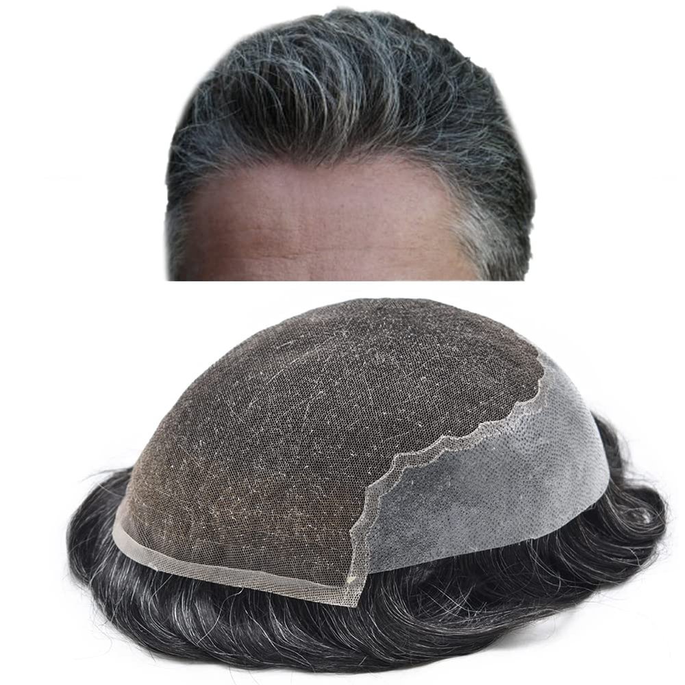 Toupee for Men Hair Replacement Systems Swiss Lace Front Mens Toupee Bleached Knot Natural Human Hair Piece (1B20# Off Black with 20% Synthetic Grey, 6x8"-120% Medium Light to Medium Density)