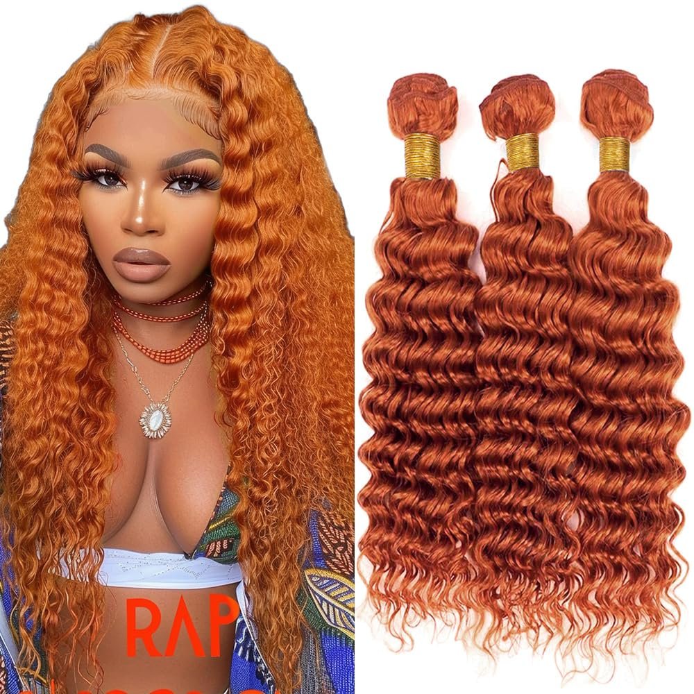 Ginger Deep Curly Bundles Human Hair 350 Ginger Orange Bundles 22 24 26 inch Double Weft Brazilian Virgin Ginger Human Hair Extensions Soft and Silky for Women