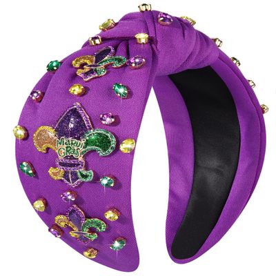 mokkia Mardi Gras Headband Accessories for Women Beaded Fleur De Lis Headband Purple Jeweled Rhinestone Knotted Hairband Fat Tuesday Carnival Parade Headwear Mardi Gras Outfits (Fleur De Lis A)