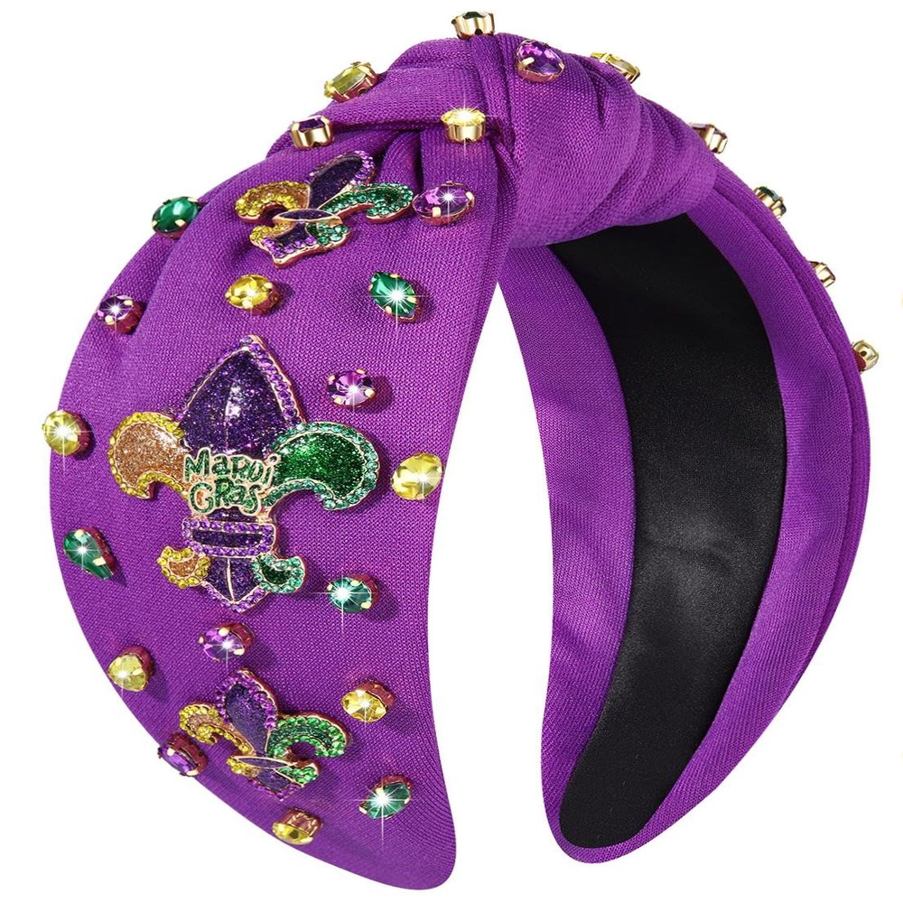 mokkia Mardi Gras Headband Accessories for Women Beaded Fleur De Lis Headband Purple Jeweled Rhinestone Knotted Hairband Fat Tuesday Carnival Parade Headwear Mardi Gras Outfits (Fleur De Lis A)