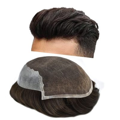 Toupee for Men Hair Replacement Systems Swiss Lace Front Mens Toupee Bleached Knot Natural Human Hair Piece 2# Darkest Brown, 8x10"-120% Medium Light to Medium Density