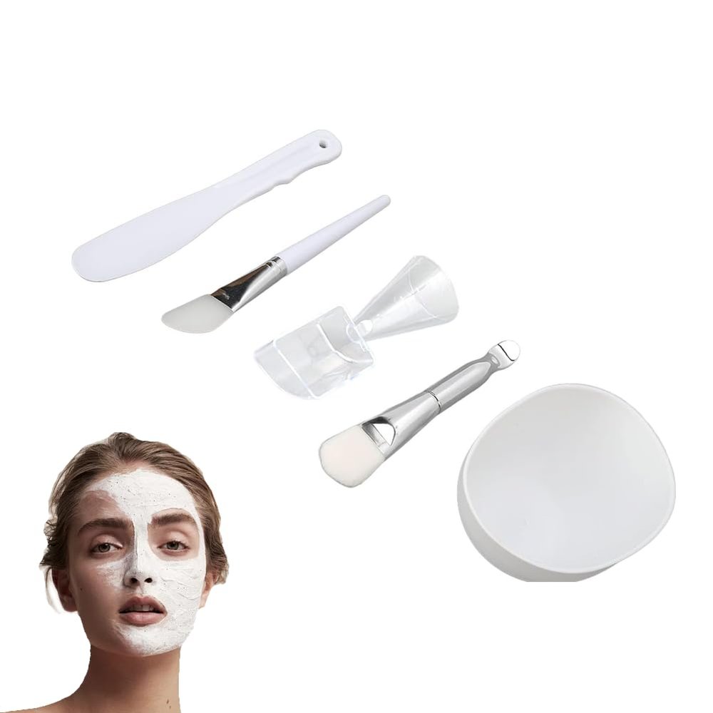 5 in1 DIY Mask Tool Set with Mixing Bowl, Silicone Brush, Soft Brush, Spatula, Measuring Cup Spoon for Face Masks