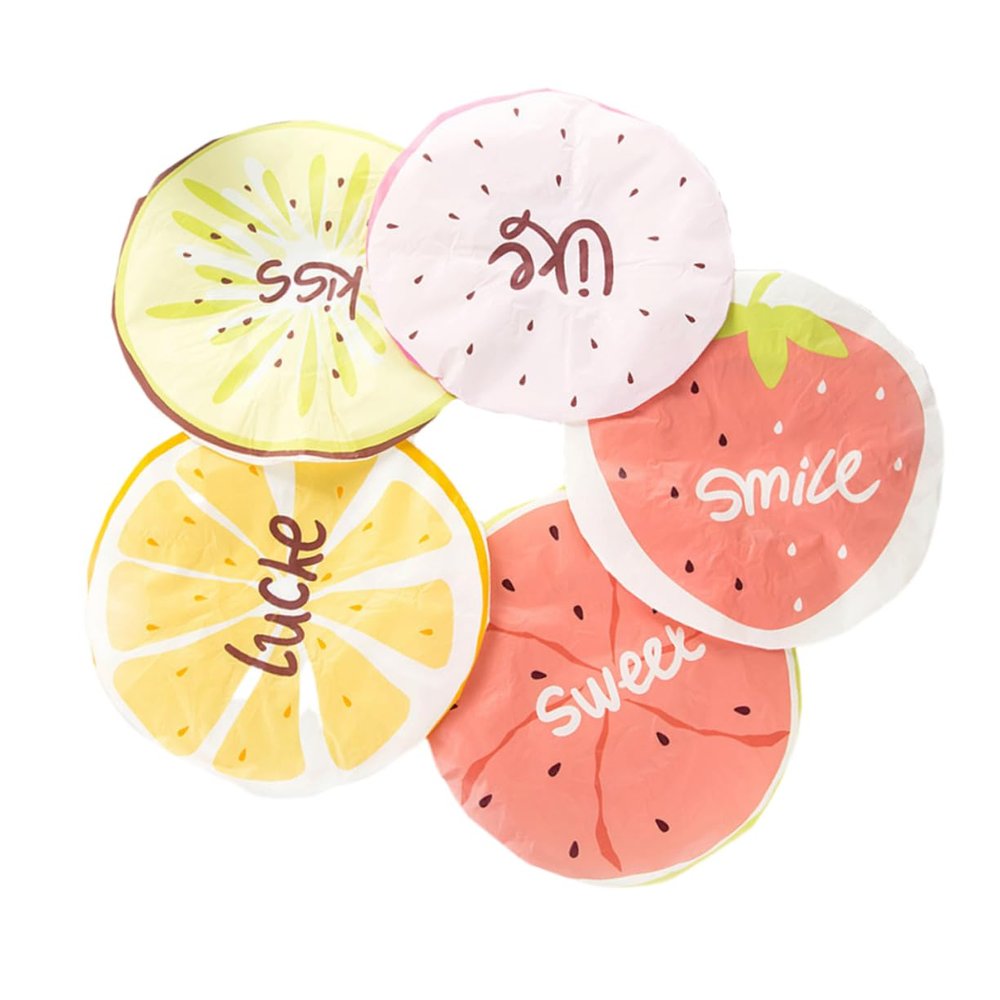 Didiseaon 5pcs Cartoon Fruit Pattern Shower Cap for Adults Bathing Hat Elastic Band Includes Lemon Dragon Fruit Strawberry Watermelon Designs
