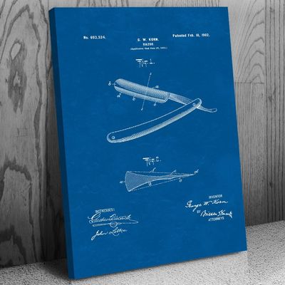 Patent Earth Shaving Straight Razor Canvas Print, Barber Shop Decor, Barber Gift, Bathroom Wall Art, Shaving Gift, Fashion Decor Blueprint (13 inch x 19 inch)