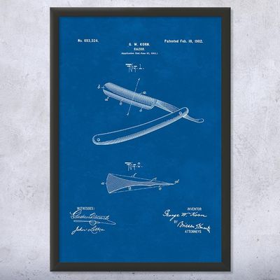 Framed Shaving Straight Razor Print, Barber Shop Decor, Barber Gift, Bathroom Wall Art, Shaving Gift, Fashion Decor Blueprint (13x19)