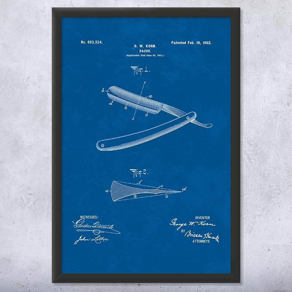 Framed Shaving Straight Razor Print, Barber Shop Decor, Barber Gift, Bathroom Wall Art, Shaving Gift, Fashion Decor Blueprint (13x19)