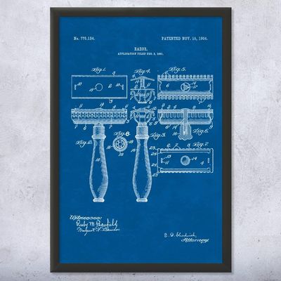 Framed Shaving Razor Print, Bathroom Decor, Shaving Gift, Fashion Wall Art, Barber Gift, Barber Shop Decor, Stylist Gift Blueprint (11x17)