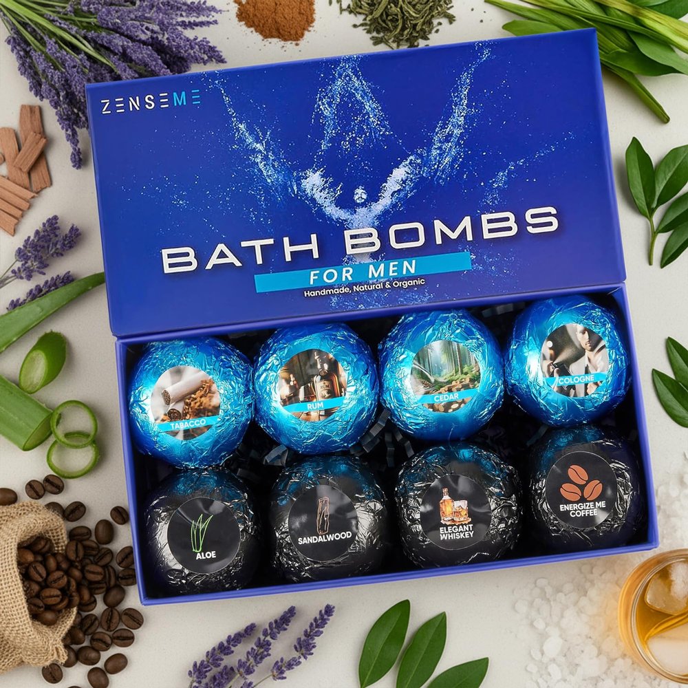 Bath Bombs for Men - Mens Relaxing Bath Bombs Gift Set - Organic with Masculine Scents for Him - 2.5 Oz Each - Gift Set of 8 Scented with Natural Essential Oils for Boyfriend, Husband or Father