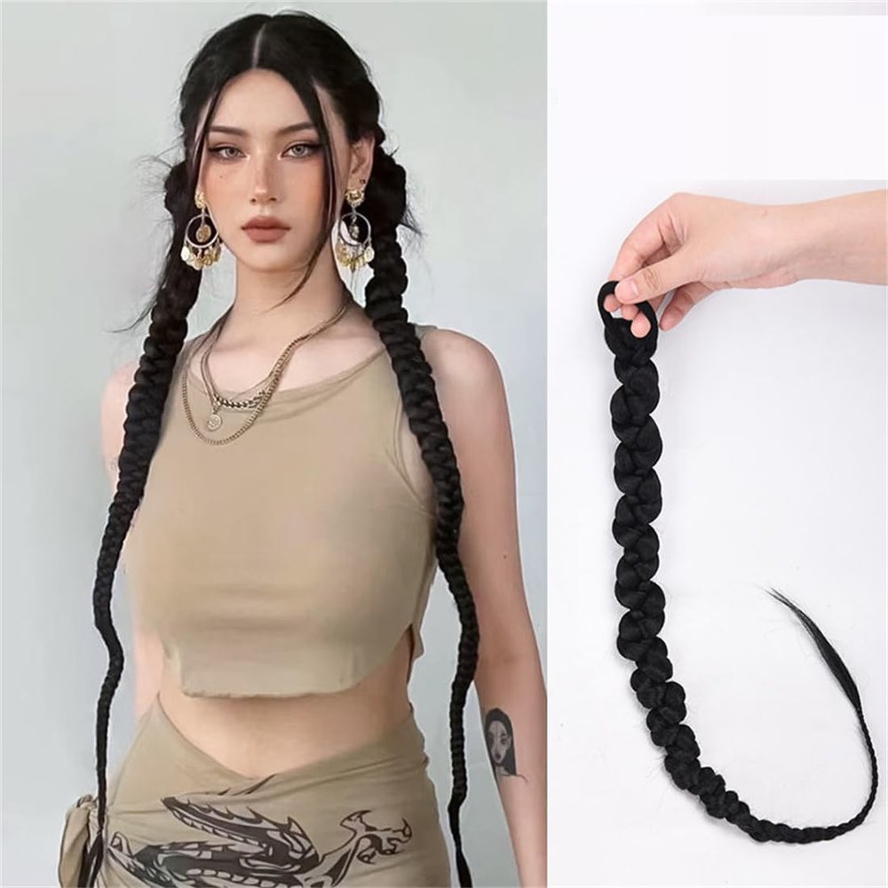 2ps Fashion Braids Long Hair Rubber bands Hair Extension Machine Made 60cm/24inch High Temperature Fiber for woman (Brown balck)