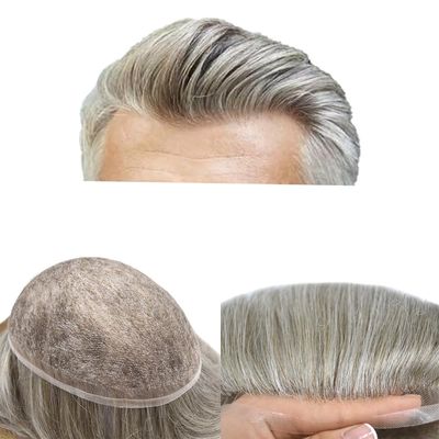 Mens Toupee Men Hair System All French Lace Mens Hairpiece Soft And Breathable Lace Toupee For Men Hair Replacement System For Men Human Hair 7"X9" #750 Very Light Brown+50% Gray-100% Density