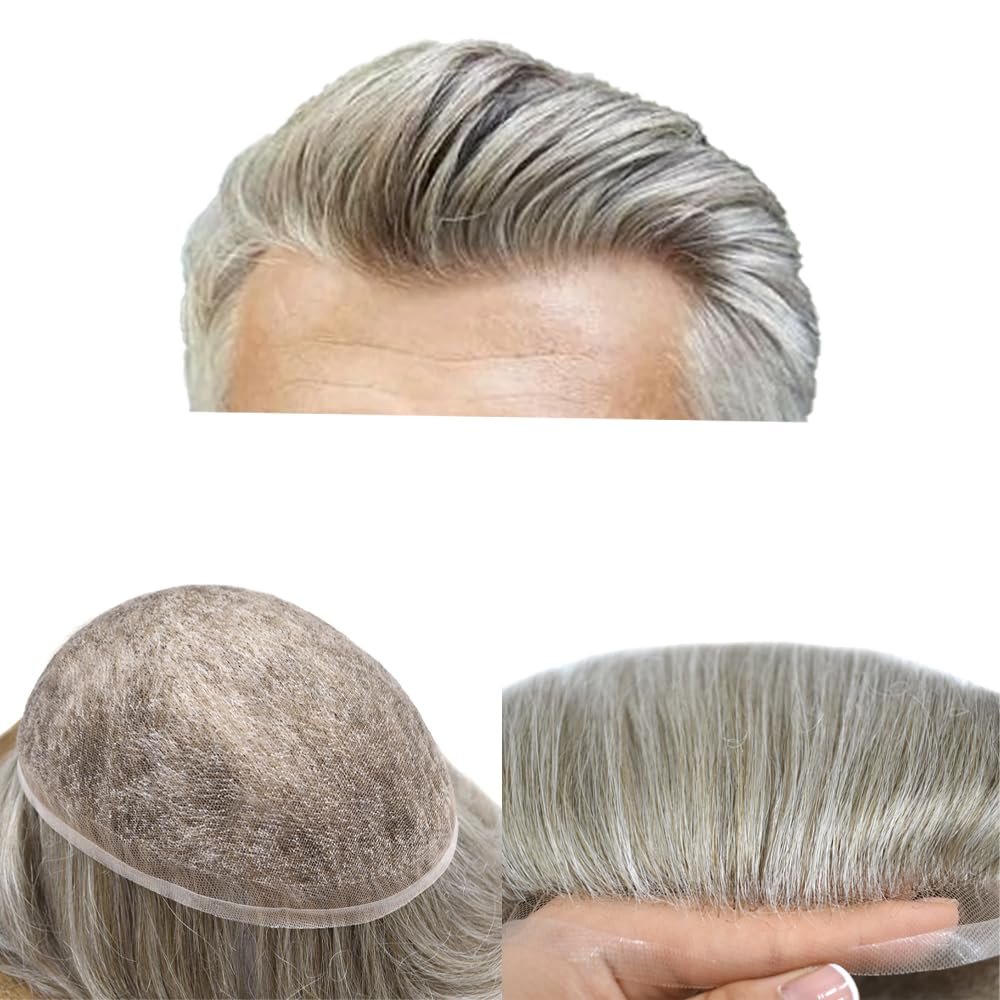 Mens Toupee Men Hair System All French Lace Mens Hairpiece Soft And Breathable Lace Toupee For Men Hair Replacement System For Men Human Hair 7"X9" #750 Very Light Brown+50% Gray-100% Density
