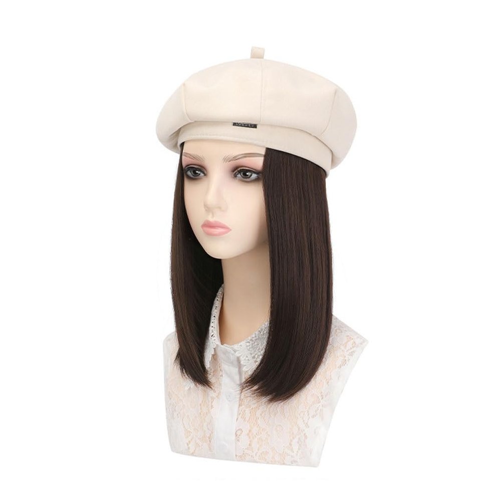 GUERNSEY Cap with Hair Attached for Women Wig Hat Women's Fashion Wig Hat Medium-Length Straight Hair Beret with Wig Adjustable Wig Hat Women's Wig with Hat (Color : A)