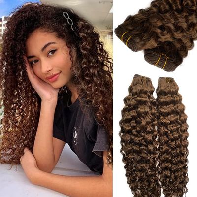 Curly Sew in Hair Extensions Real Human Hair Chocolate Brown Hand Tied Weft Human Hair Bundles for Women Full Head Blonde Hand Tied Water Wave Sew in Double Weft Hair Extensions 80G 14Inch